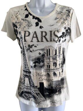 Vintage Y2K Hello Paris Embellished Bedazzled Glam Tee Eiffel Tower France *flaw